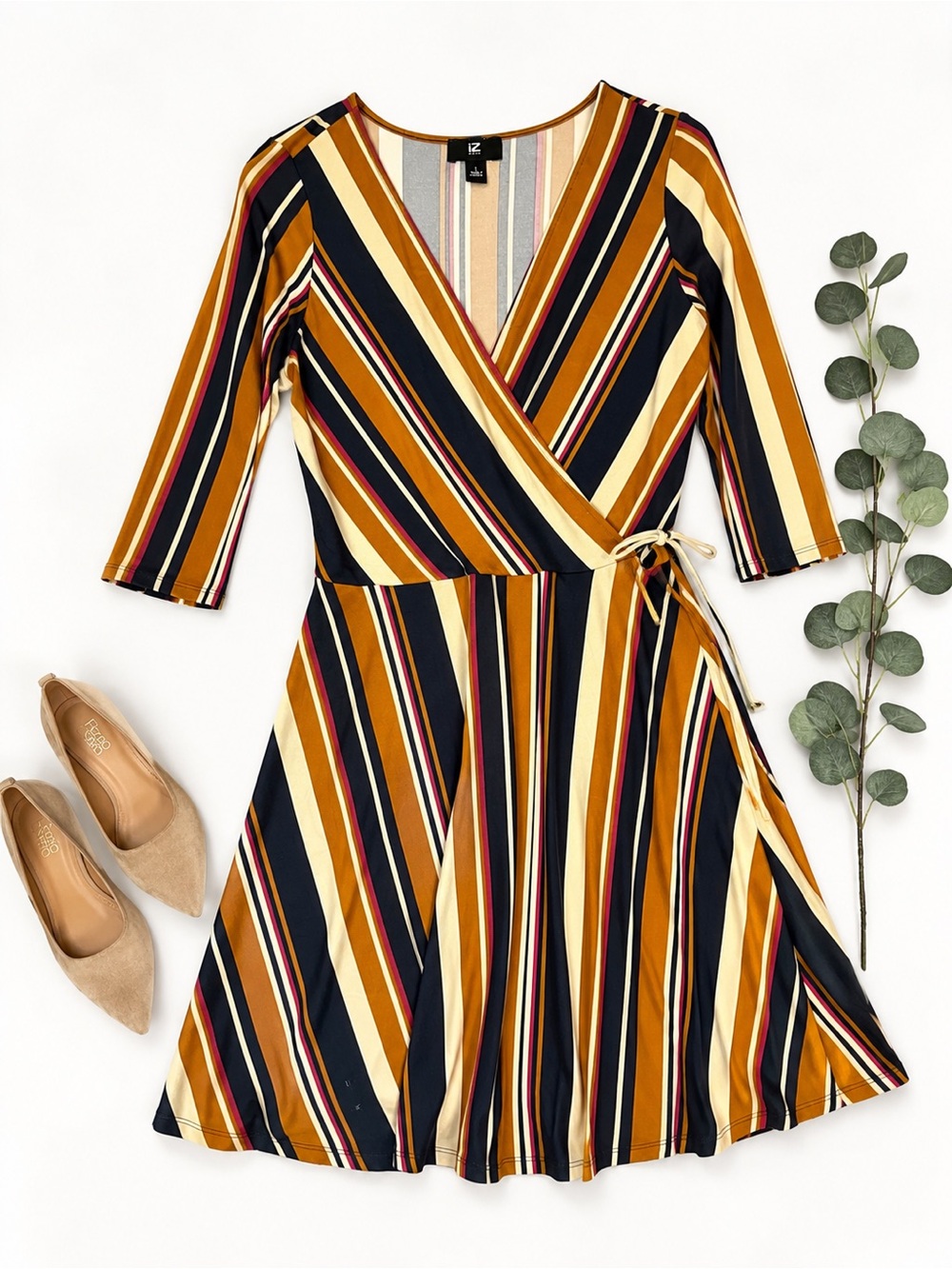 IZ Byer Striped Wrap Dress Size Large – Mustard Navy Cream 3/4 Sleeve